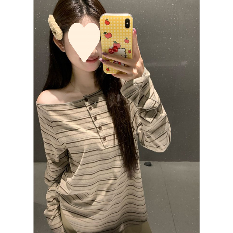 2025 Summer Contrast Color Striped One-Shoulder Long-Sleeved Shirt Women's Early Autumn Design Hot Girl Off-Shoulder Top