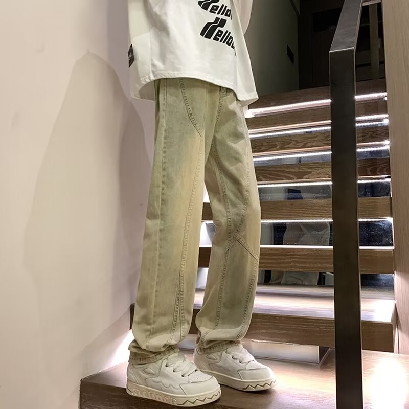 Pantalones retro estadounidenses, jeans teñidos de barro amarillo lavados de la marca de moda de la calle alta, jeans rectos delgados para hombres