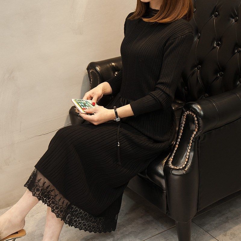 加绒加厚针织连衣裙女2020新款秋冬中长款过膝内搭打底毛衣长裙子