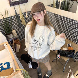 圆领卡通图案印花宽松加绒卫衣女秋季美式复古灰色休闲套头上衣