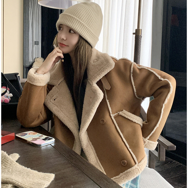Fur One-piece Short Coat Women's Autumn and Winter High Collar Imitation Deerskin Fleece Lazy Style Loose Slim Look Trendy