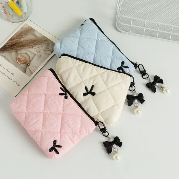 New Bow Quilted Lipstick Storage Bag Women's Cosmetic Storage Bag Headset Data Cable Cosmetic Bag Wallet