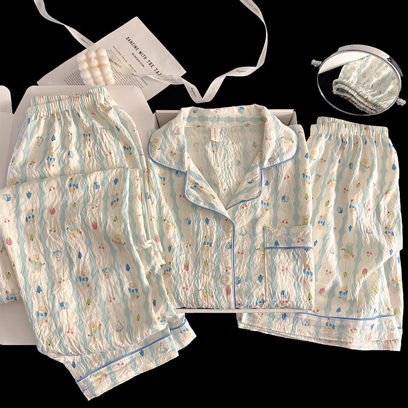 Pijamas de amor dulce de color, pantalones de manga corta de hilo de algodón de nube de verano para mujer, cárdigan de tres piezas, servicio a domicilio