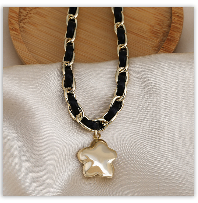 Nuova collana corta in acciaio al titanio avvolta in corda di pelle di camelia bianca dal design di nicchia leggero e lussuoso_voghion.com