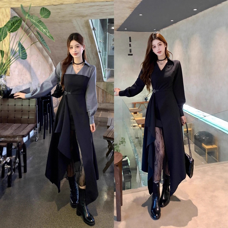 2025 New Autumn and Winter New Fat Girl New Splicing Shirt Dress Lace Asymmetric Long-Sleeved Elegant Dress