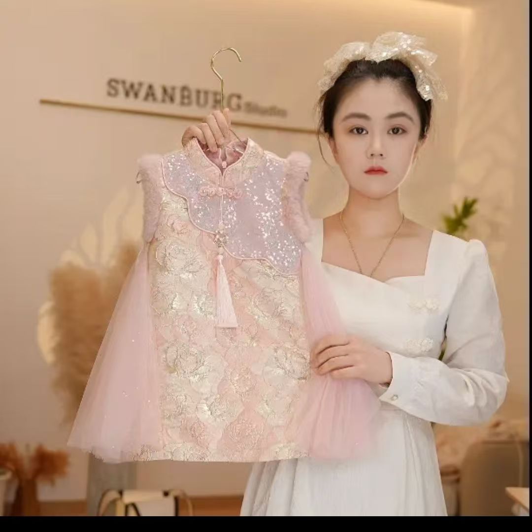 Girls Children's dress Cheongsam Dress 2024 Baby Summer Girls New Princess Mesh Styline Vest