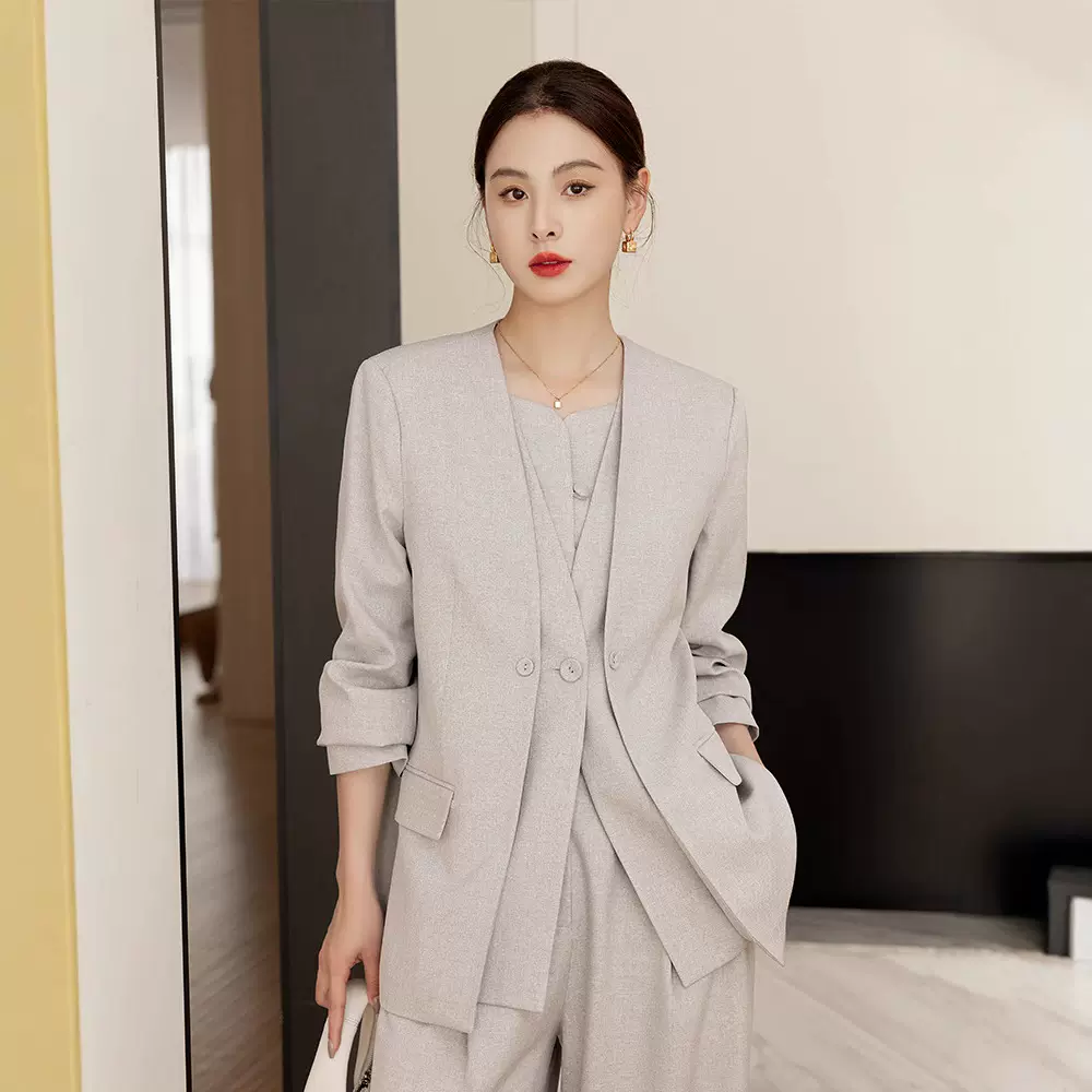 恩迪灰色V领假两件西装马甲阔腿裤套装廓形休闲西服裤子两件套女