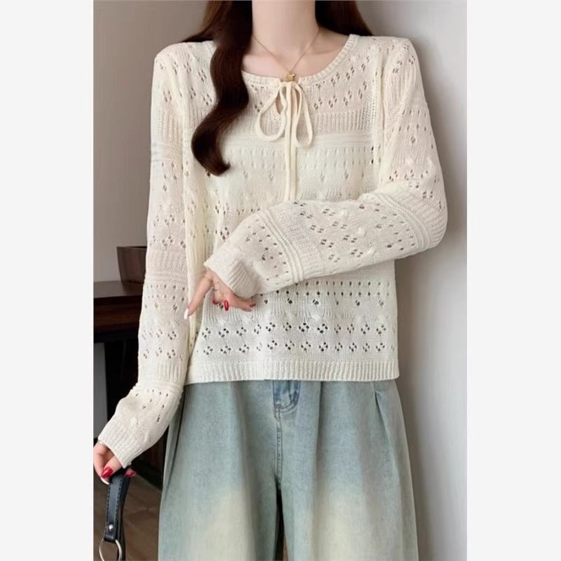 Slimming Top for Thick Arms, Round Neck, Tie-Up, Hollow-Out, Sun-Protective Knit Cover-Up for Women, Summer Plus Size, for Curvy Girls, High-End
