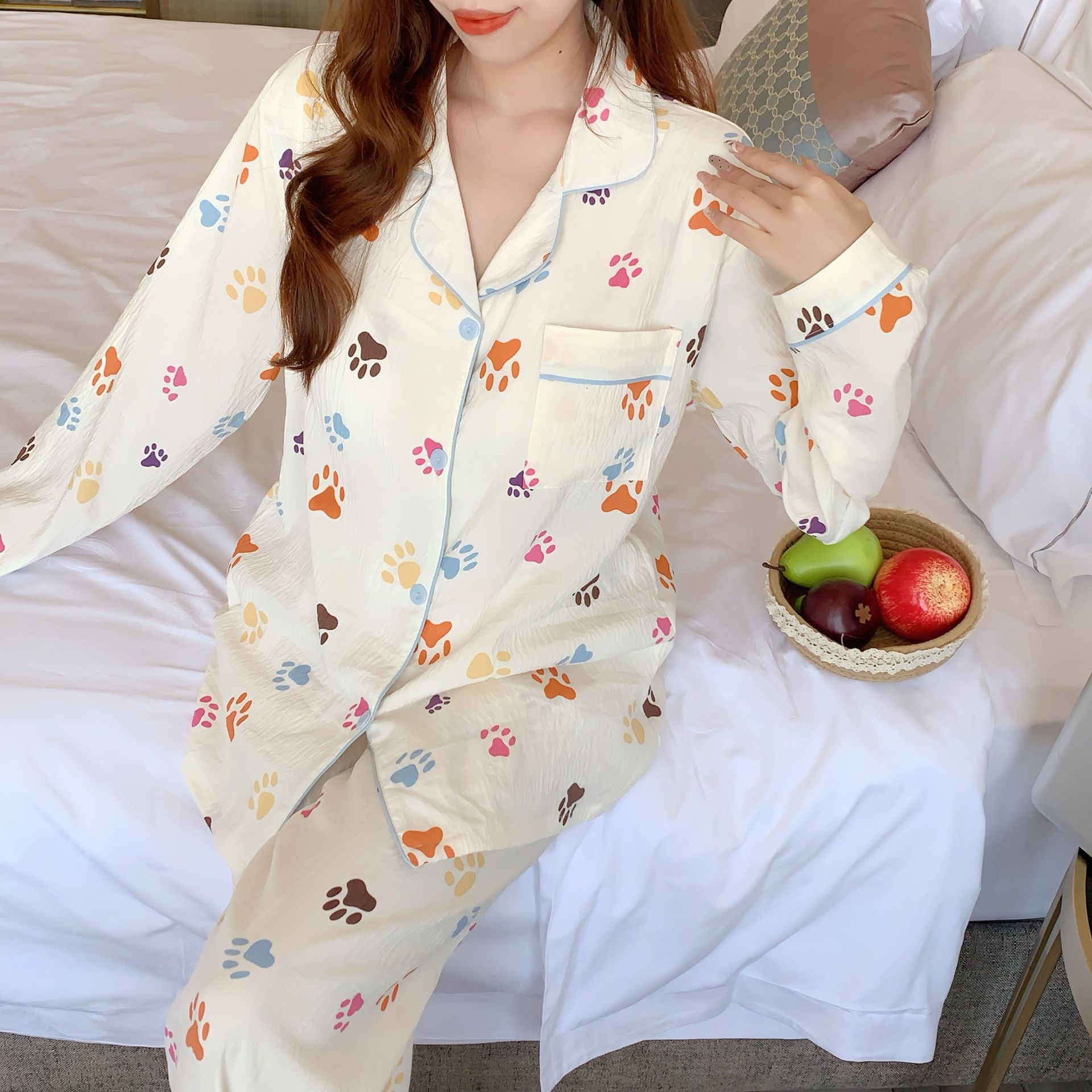 Al por mayor transfronterizo con cojín de pecho primavera y otoño dulce nubes de algodón cardigan de manga larga con solapa pijama de mujer estudiante conjunto de ropa para el hogar