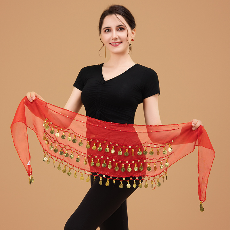 New Style 72 Coin Chiffon Three-Layer Belly Dance Waist Chain Indian Dance Performance Costume Belt Square Dance Jazz Dance Hip Scarf
