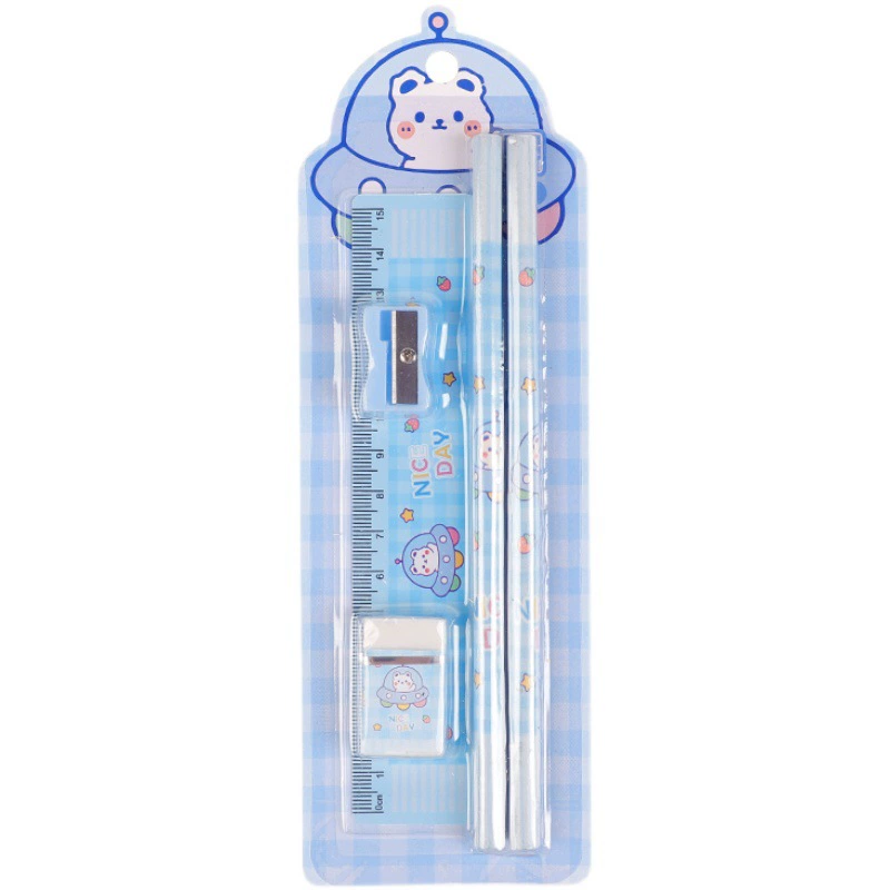Set for students, eraser, sharpener, ruler, children's teaching stationery, 5 pieces