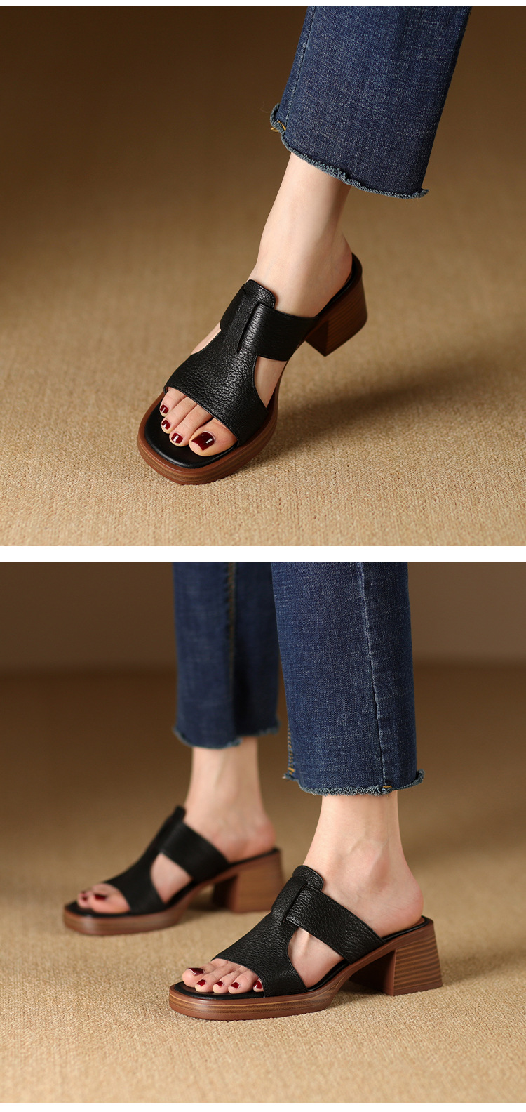 Dép sandal nữ đế dày gót vuông mũi hở 4.5 cm kiểu La Mã — đen chi tiết 11