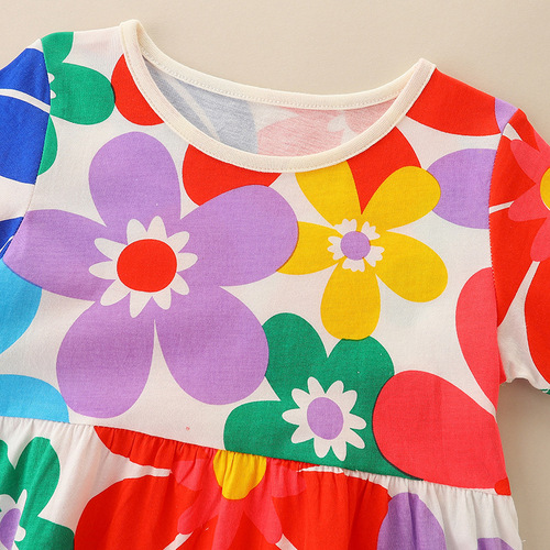 European and American Fashion Girls' Summer New Arrival Knitted Cotton Cartoon Print Princess Dress Hooded Round Neck Children's Skirt