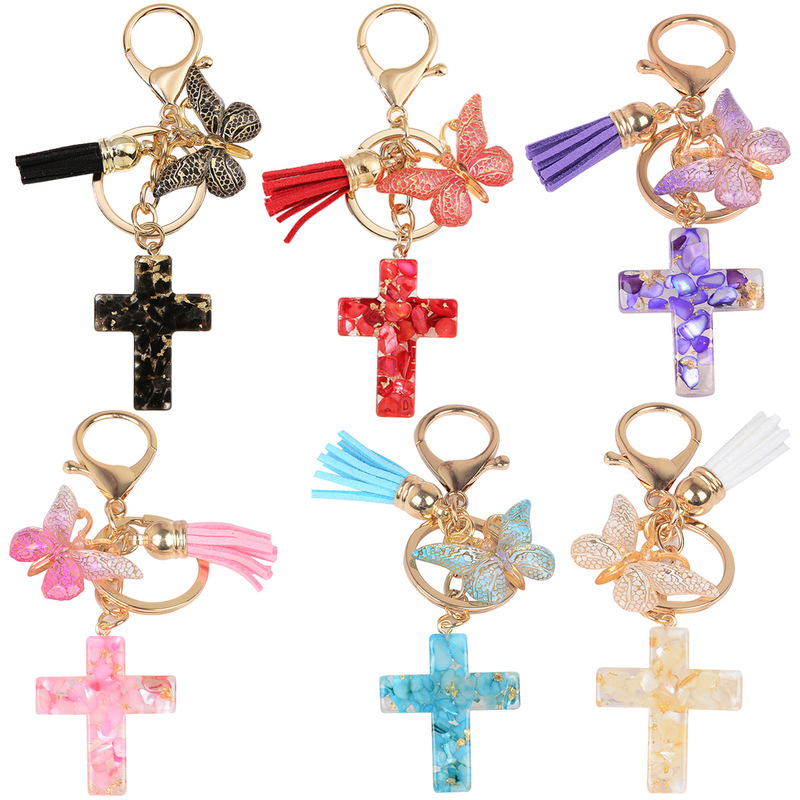 Customizable drop resin cross key chain bag pendant European and American tassel butterfly key chain cross-border hot sale Customizable drop resin cross key chain bag pendant European and American tassel butterfly key chain cross-border hot sale