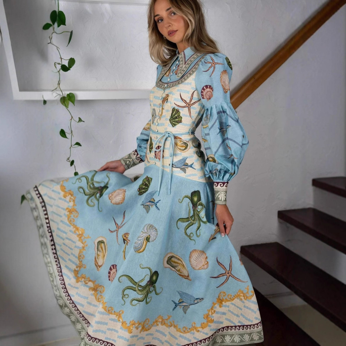 欧美跨境2025新速卖通亚马逊独立站时尚亚麻娃娃领开衫大摆连衣裙