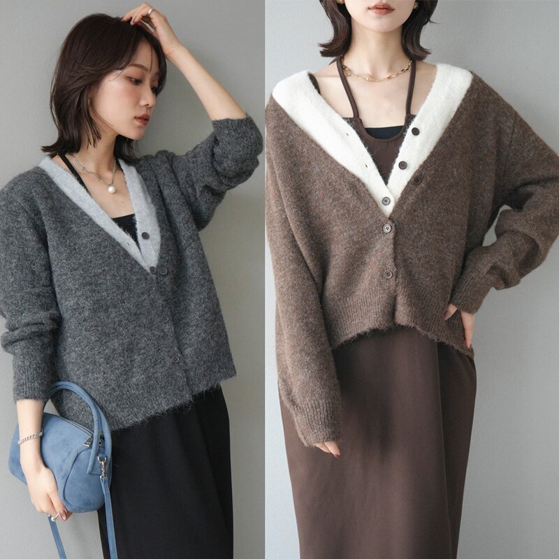 Real Shot of the New Fluffy Soft Waxy Fake Two-Piece Double Placket Loose V Neck Knitted Cardigan for Women + Skirt Suit
