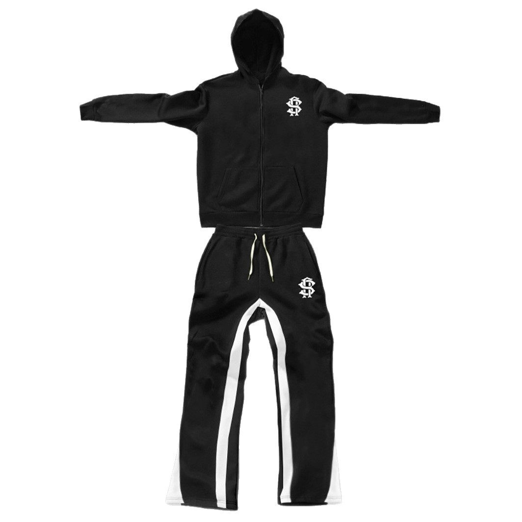 Men's Letter Print Hooded Tracksuit Set With Zip Up Top And Pants_voghion.com