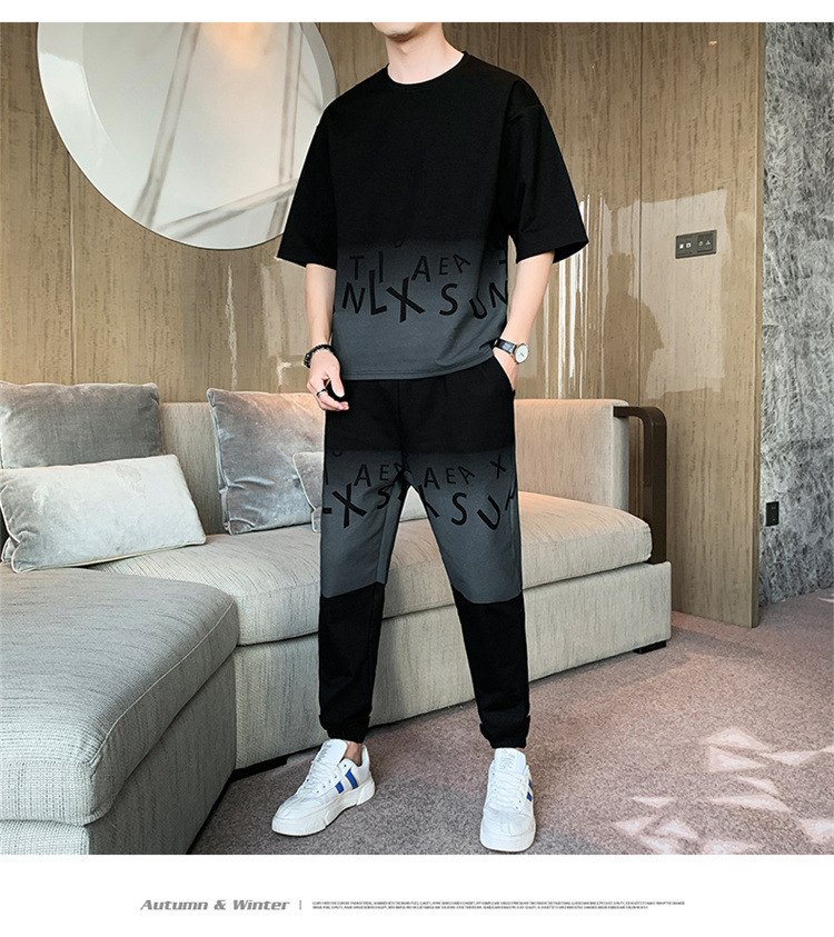Men's Gradient Color Short Sleeve T-Shirt And Shorts Set Casual Summer Streetwear Hong Kong Style Outfit_viptrois.com