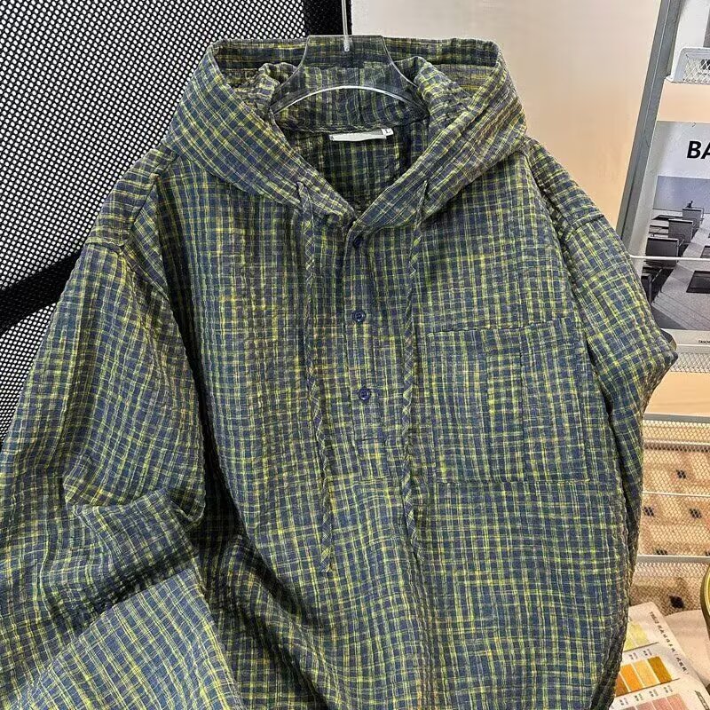 Camicia uomo a quadri in garza di schiuma giacca retro maniche lunghe_voghion.com