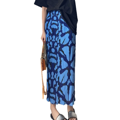 Miyake Pleated Summer Resort Floral Fairy Dress | Slim-Fit Elastic Waistline | Stretchy, High-Rise Design | Dramatic A-Line Skirt with Bold Print