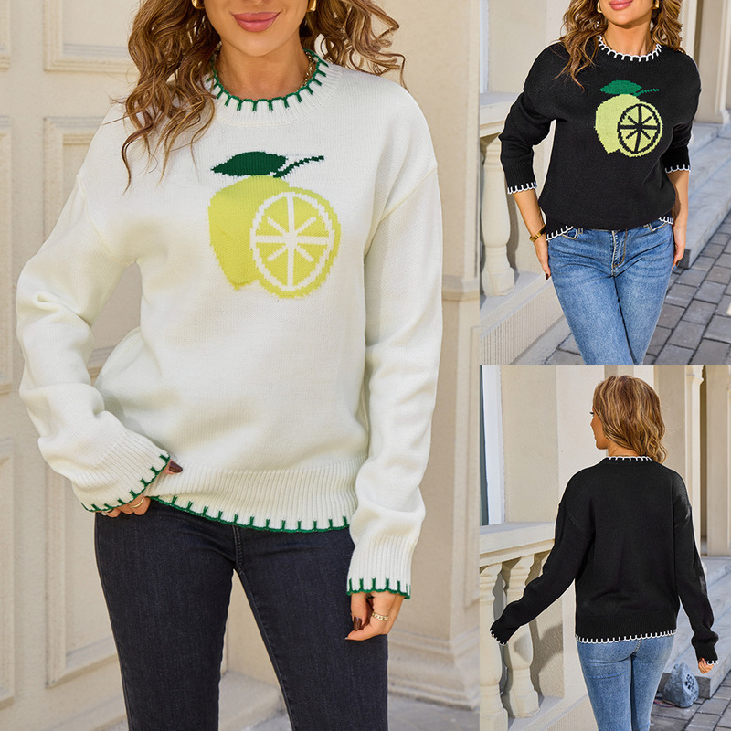 Lemon Jacquard Pullover Sweater 2026 Autumn and Winter New Style Large Size European and American Cross-Border Versatile Round Neck Knit Top