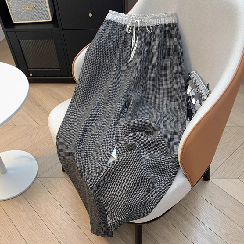 复古撞色拼接色织亚麻阔腿裤女夏季高腰抽绳格纹棉麻直筒休闲长裤|undefined