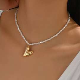 亚马逊欧美饰品时尚锌合金爱心吊坠项链女个性百搭珍珠锁骨链项饰