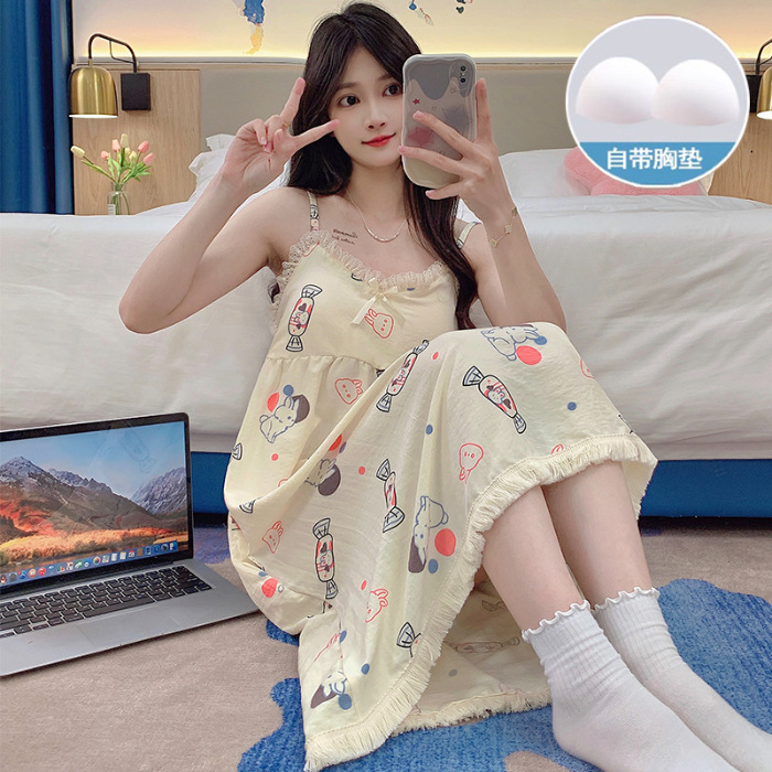 Pijamas de verano nubes de algodón encaje con almohadilla de pecho dulce lindos cabina pijama ropa de casa de mujer