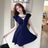 Ruffle edge sexy low cut waist A-line dress