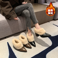 羊皮版~高级感尖头乐福鞋女复古一脚蹬毛毛单鞋高跟厚绒保暖棉鞋