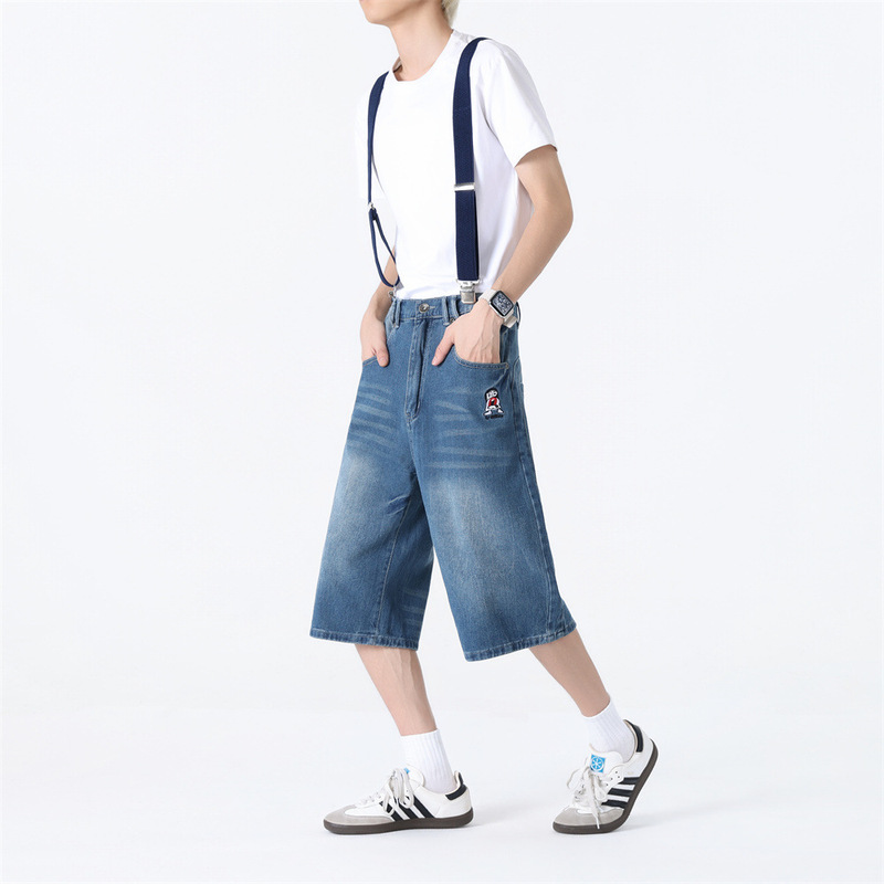 Men's Summer Thin American-Style Washed Loose Wide-Leg Over-The-Knee Denim Shorts with Detachable Suspenders, Large Size Men's Summer Thin American-Style Washed Loose Wide-Leg Over-The-Knee Denim Shorts with Detachable Suspenders, Large Size