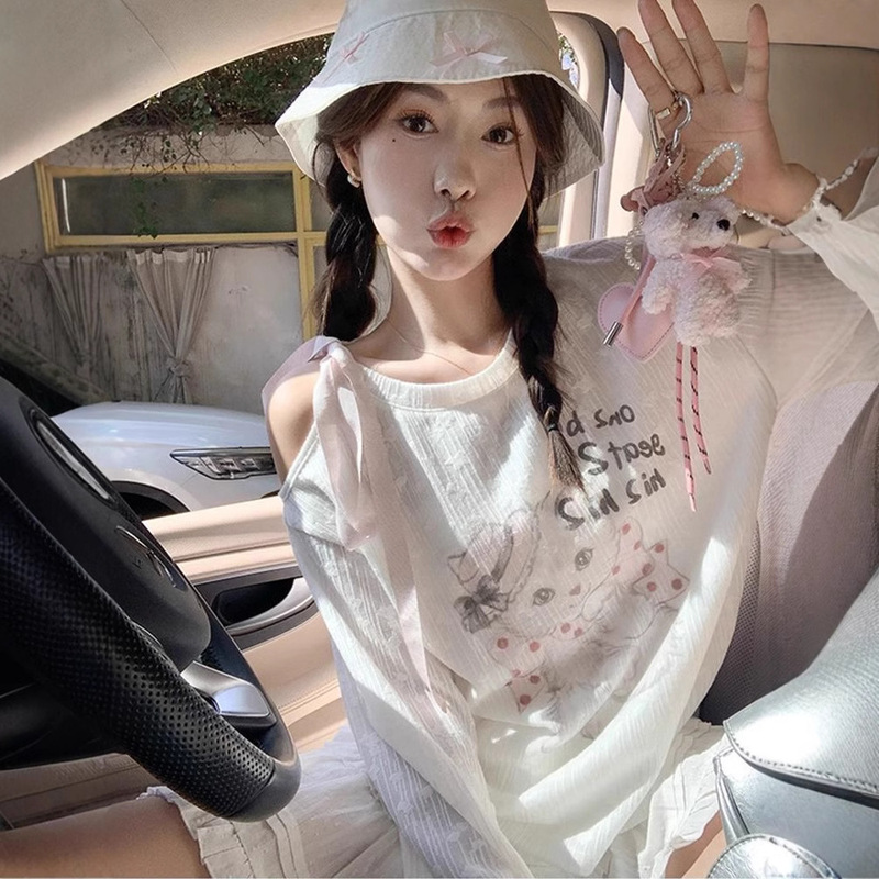 [Own Factory in stock] White Off-shoulder Cat T-shirt Women's Printed Long-sleeved Blouse Sunscreen Top Thin