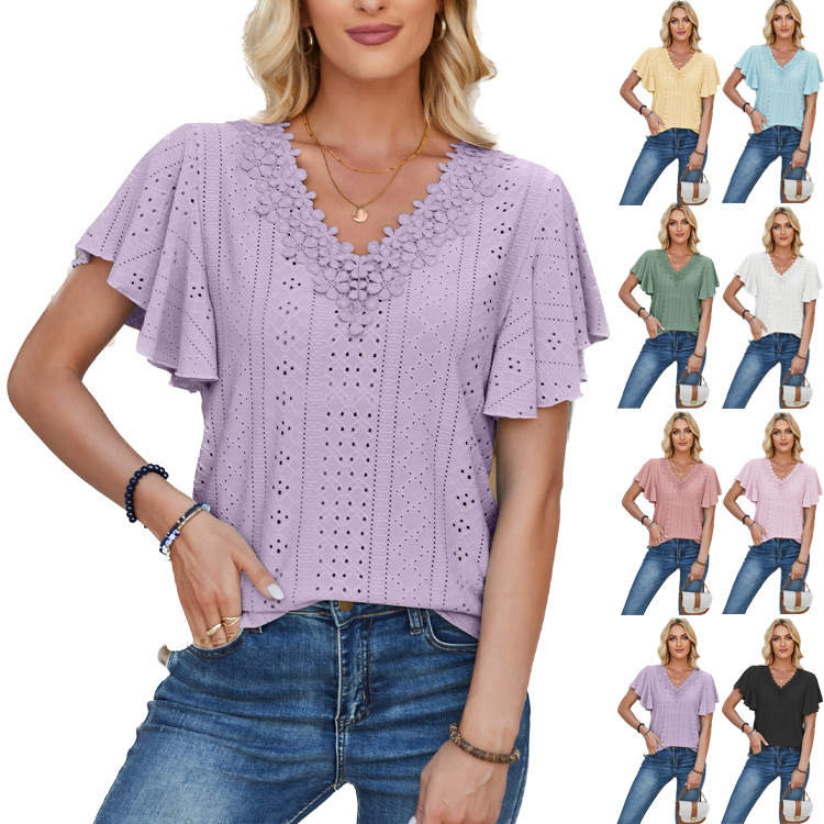 European and American cross-border foreign trade women's clothing 2024 spring and summer Amazon new lace V-neck ruffle sleeve solid color loose T-shirt