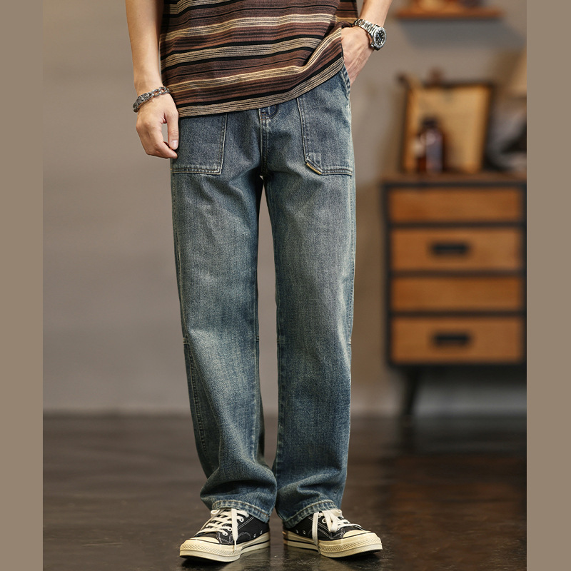 Spring Vintage Washed Jeans Men's Trendy Brand Patchwork Loose Drape Wide-Leg Pants American High Street Straight Long Pants
