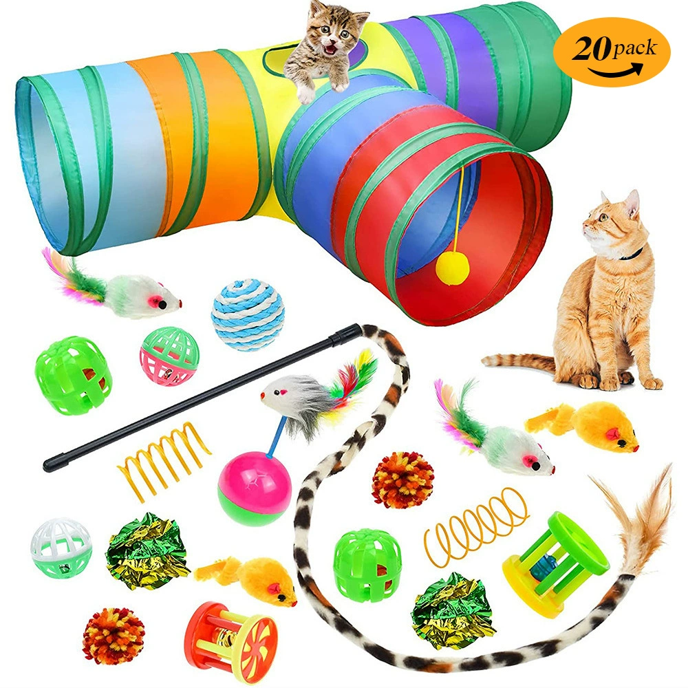 Интерактивный набор игрушек для кошек: туннель, плюшевые и перьевые аксессуары, звуки и шарики (многоцветный)