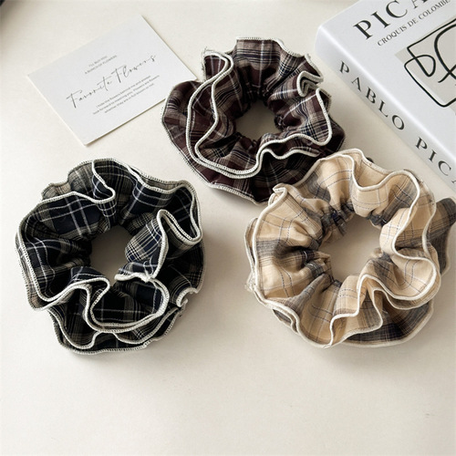 Early autumn retro French lace double-layer plaid large intestine hair ring American college style brown hair rope
