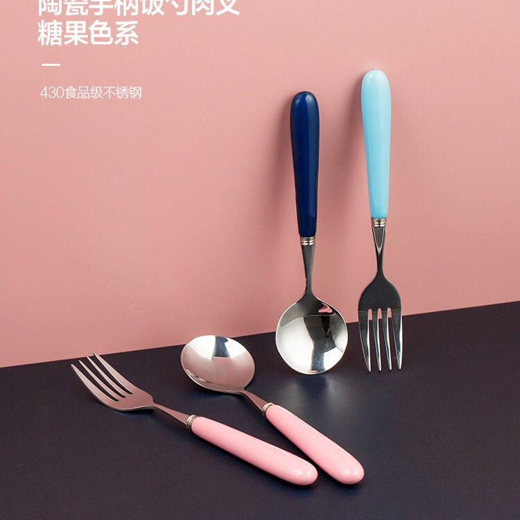 Trendy Nordic Simple Candy Color Vintage Portable Stainless Steel Spoon with Ceramic Handle Western Food Spoon Dessert Spoon Fork Trendy Nordic Simple Candy Color Vintage Portable Stainless Steel Spoon with Ceramic Handle Western Food Spoon Dessert Spoon Fork