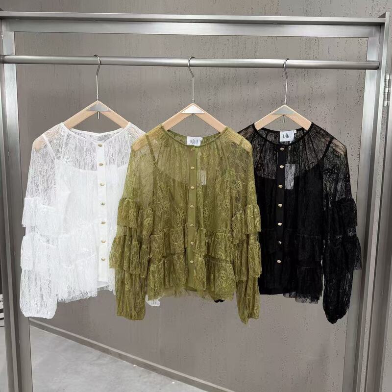 Australian Niche Designer Brand 2026 New Model Round Neck Long Sleeve Layered Lace Shirt with Single-Breasted Buttons