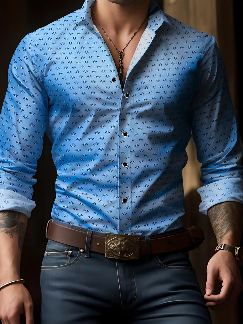 Comercio exterior europeo y americano transfronterizo 2024 nuevo estilo casual de moda salvaje patrón de planta camisa de manga larga para hombre MB12