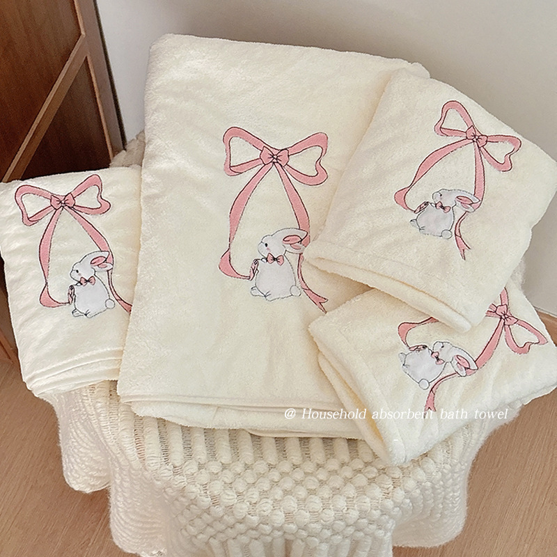 Household Bath Adult Pure Cotton Lint-free Water Absorbent Quick-drying Coral Fleece Wrapping Towel Cute Bow Rabbit Bath Towel Women