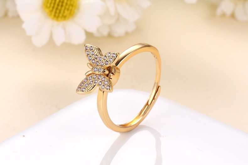 Retro Butterfly Brass Plating Inlay Zircon 24k Gold Plated Rings display picture 1