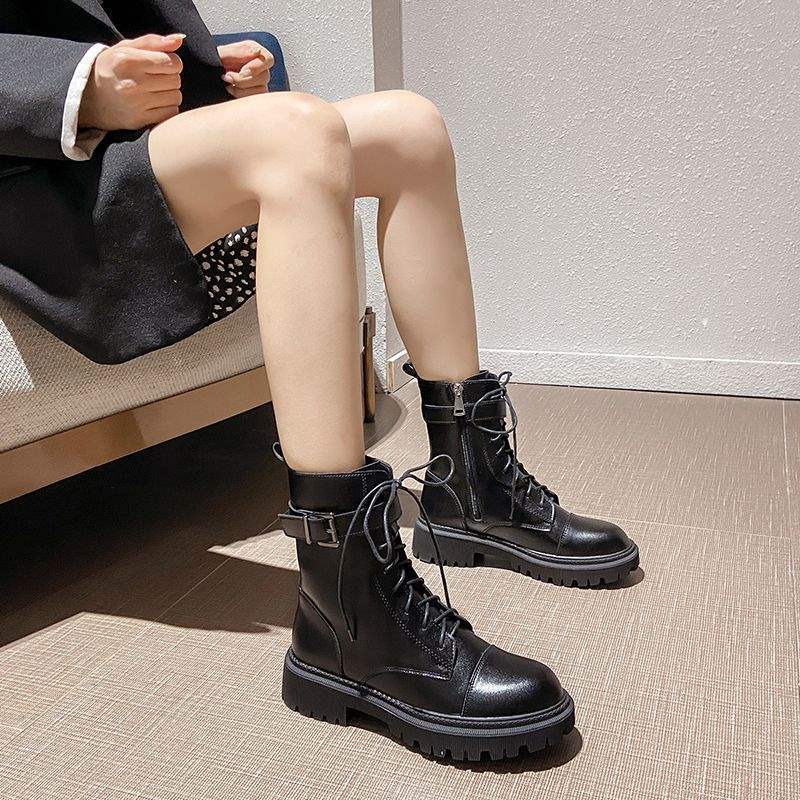 Genuine Soft Leather Martin Boots for Women, Mid-Calf Boots, 2025 New Thin Style, Height-Increasing Flat Thick-Soled Short Boots, Motorcycle Biker Boots