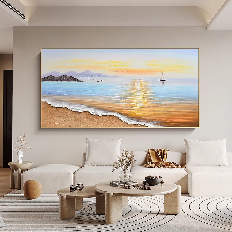 原创《旭日东升》手绘油画客厅轻奢装饰画横版海边风景肌理挂画|undefined