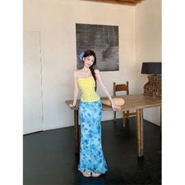 多巴胺蓝色碎花半身裙女夏季新款修身显瘦包臀裙海边度假沙滩长裙