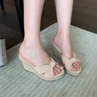 Cross-border Foreign Trade Heels Wedge Woven Hemp Rope All-match Suede Solid Color Elevated 10cm Sandals and Slippers High Heel Thick Bottom