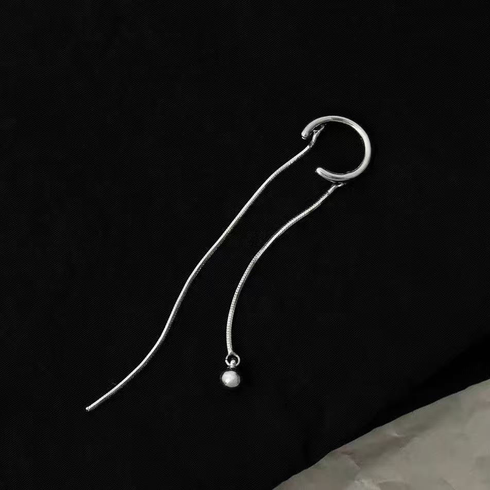 Round bead long tassel non-pierced ear cuff for women, high-end niche ins-style long chain ear clip earrings