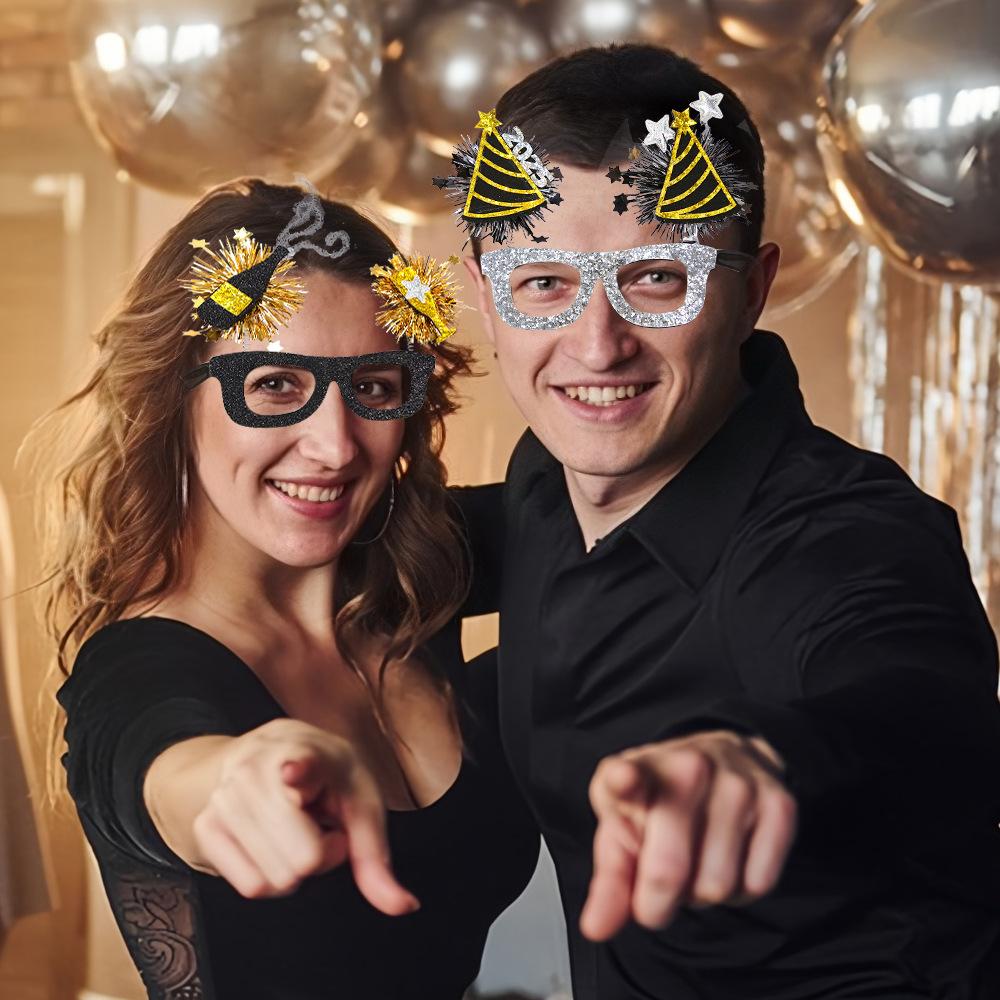 New Year Party Glasses Photo Props Creative Black Gold Decor_voghion.com