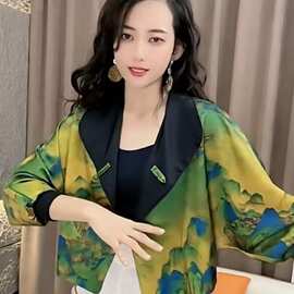 【正反双面穿】缎面水墨印花短款女士外套宽松显瘦长袖撞色小西服