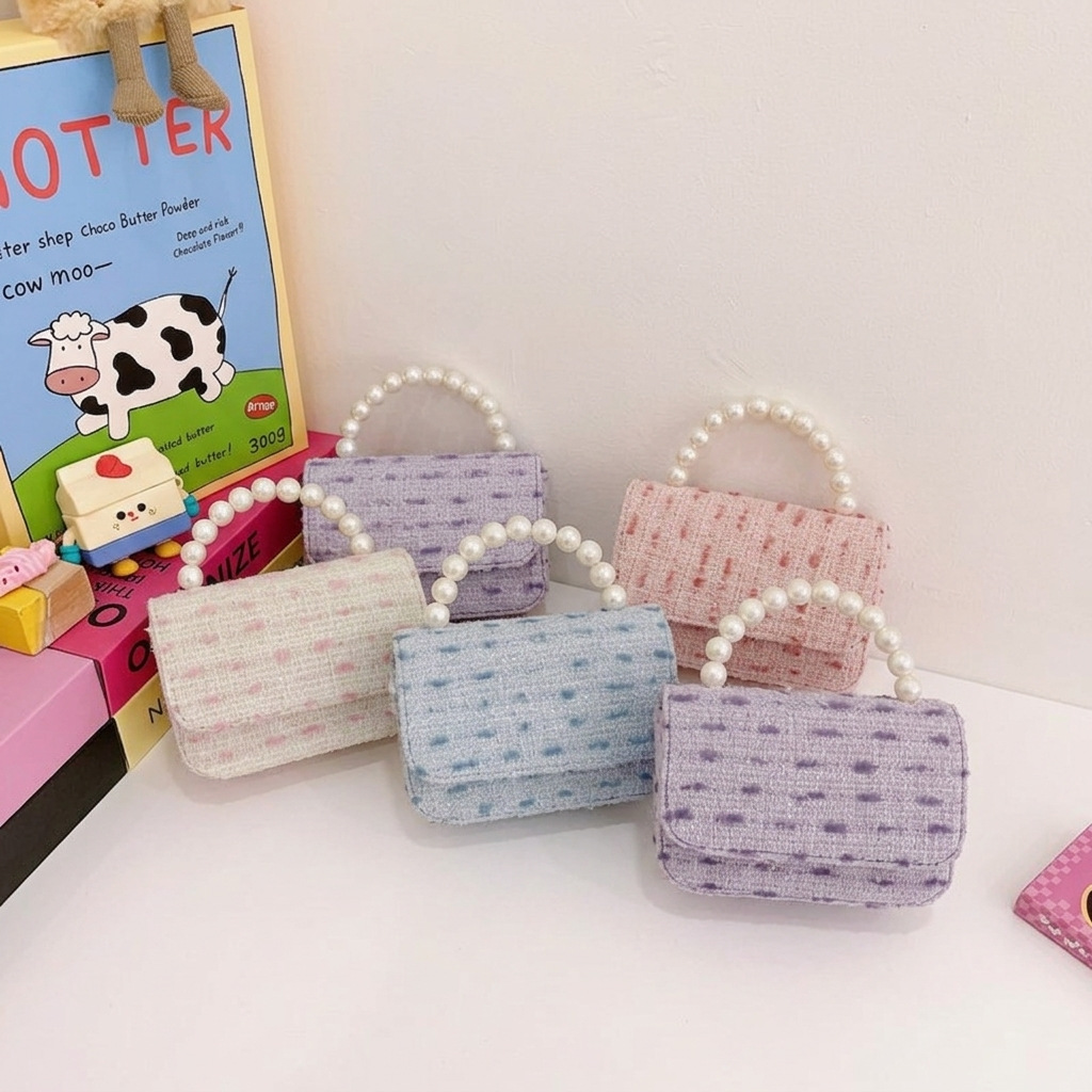 New Style Woolen Tweed Princess Children's Bag with Pearl Handle, Plain Blank Bag DIY Accessories, Manufacturer Wholesale in Stock