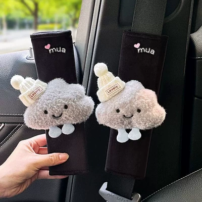 Shoulder Pads, Car Anti-Strap | Seat belt shoulder pad - smiling-cloud-in-white-hat-black-plush-shoulder-pads-pair-black-short-velvet-257cm-mua-gray-cloud-style
